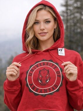 Russell Athletic Arkansas Razorbacks Cropped Hoodie NWT Red Sweatshirt Women’s L